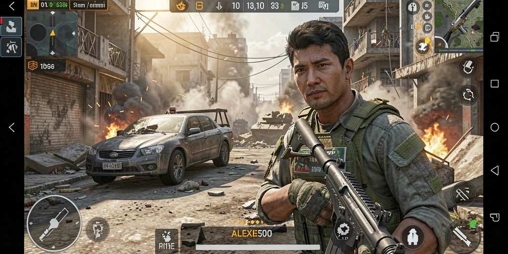 Tangkapan layar ALEXIS500 menampilkan aksi perang seru dalam gameplay TPS.