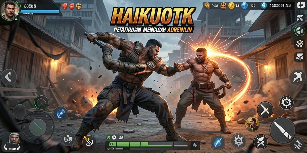 Tampilan gameplay HAIKUOTK yang mendebarkan dengan pertarungan aksi yang seru.