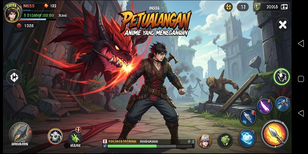 Screenshot gameplay INS55 menampilkan karakter anime yang beraksi di medan perang.