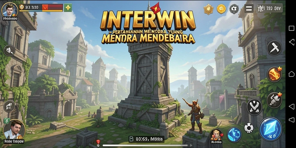 Tampilan menara dan musuh dalam INTERWIN saat gameplay Tower Defense.