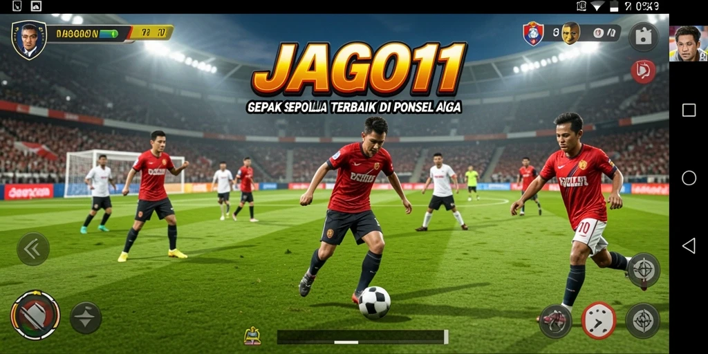 Screenshot gameplay JAGO11 dengan aksi sepak bola seru.