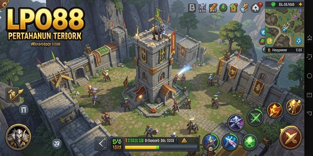 Tangkapan layar gameplay LPO88 yang menampilkan serangan menara terhadap gelombang musuh.