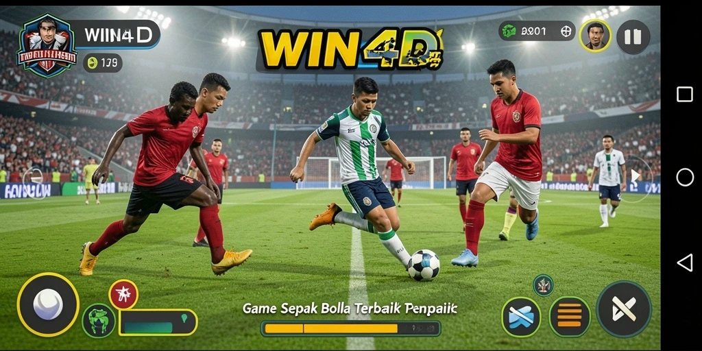 Screenshot utama WIN4D menampilkan aksi seru dalam permainan sepak bola.